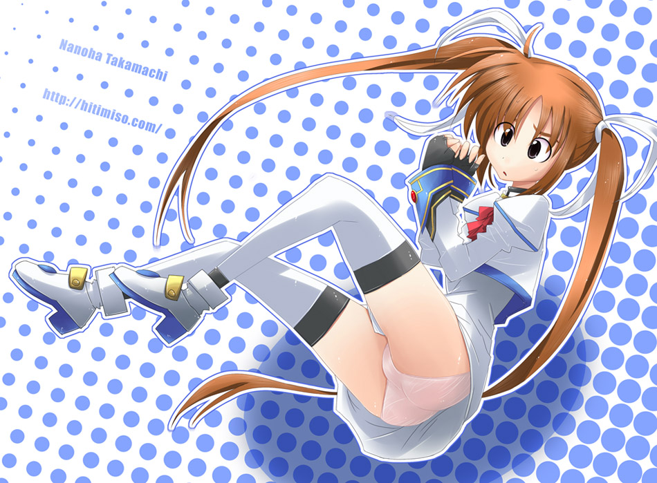 morisaki hichimi, takamachi nanoha, lyrical nanoha, mahou shoujo lyrical nanoha, 00s, ass, brown hair, gloves, hair ribbon, long hair, panties, pantyshot, ribbon, solo, thighhighs, twintails, underwear