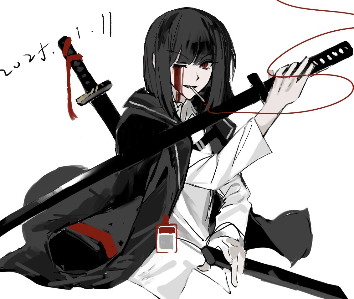 ryoshu (project moon), limbus company, project moon, 1girl, black coat, black hair, bleeding, blood, bob cut, cigarette, coat, coat on shoulders, collared shirt, holding, holding sword, holding weapon, koimi (rnalspa), long sleeves, looking at viewer, one eye closed, ootachi, red eyes, shirt, short hair, simple background, smoking, solo, sword, upper body, weapon, white background, white shirt