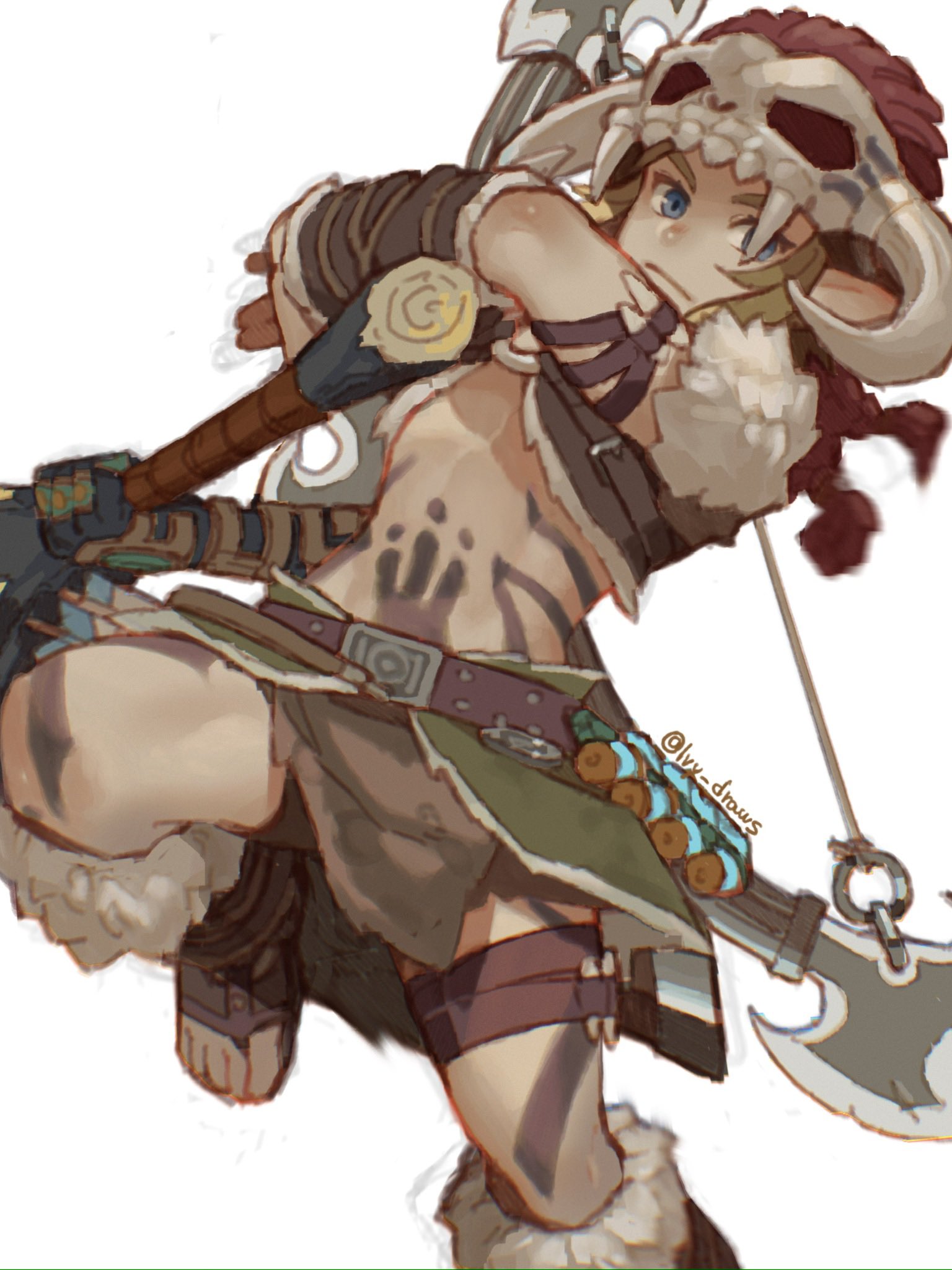 ivy (sena0119), link, nintendo, the legend of zelda, the legend of zelda: breath of the wild, highres, 1boy, armor, berserker armor, blonde hair, blue eyes, bow (weapon), holding, holding weapon, knee up, male focus, pointy ears, red hair, sandals, short hair, simple background, skull head, smile, solo, stomach tattoo, tattoo, weapon, white background