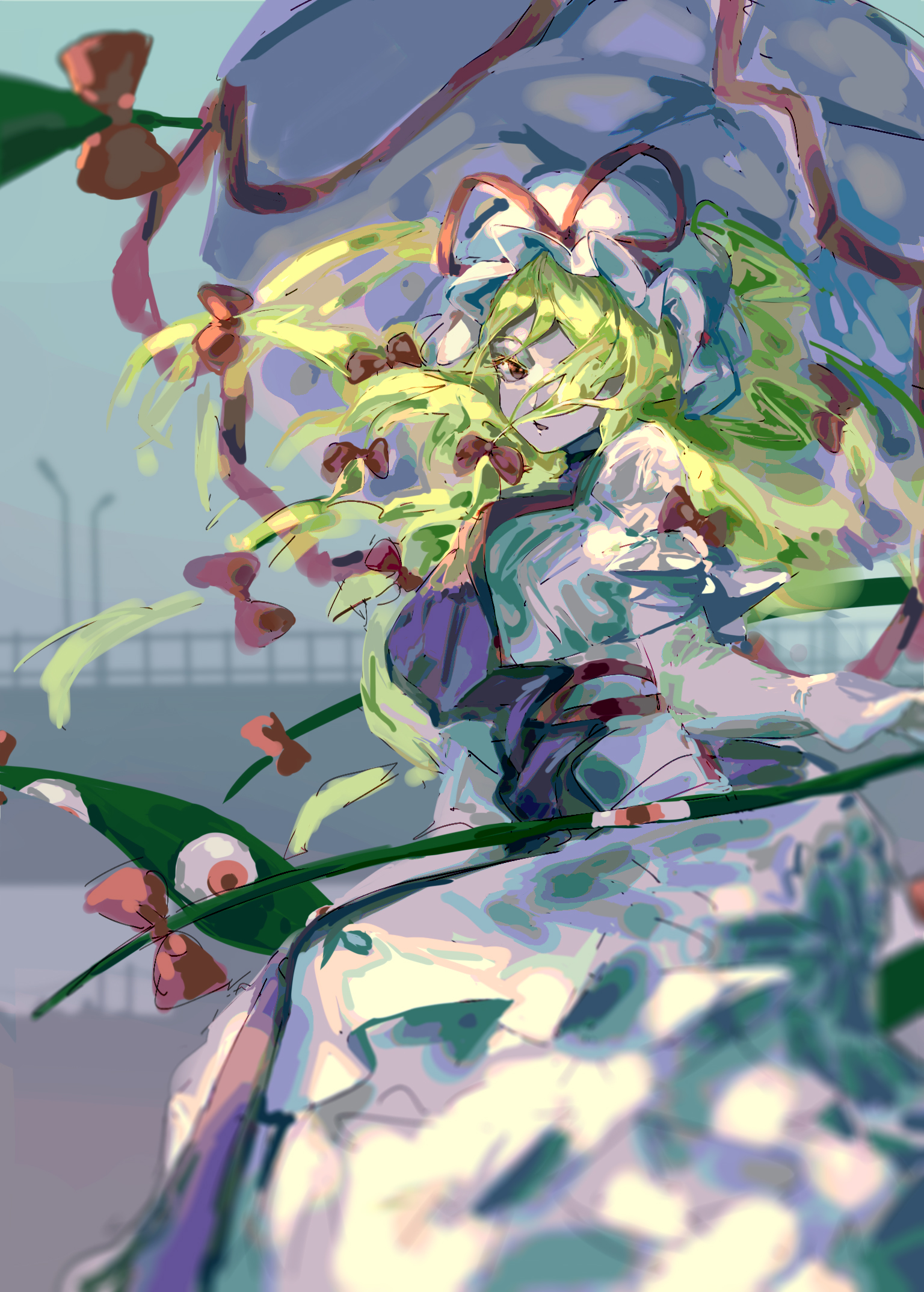 mmmarisa, yakumo yukari, touhou, commentary, highres, 1girl, blonde hair, bridge, dress, gap (touhou), gloves, hair ribbon, hat, holding, holding umbrella, long hair, long sleeves, looking at viewer, mob cap, one eye covered, parted lips, purple tabard, red eyes, ribbon, solo, tabard, umbrella, white dress, white gloves