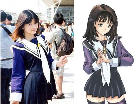 katsura masakazu, yoshizuki iori, i"s, cosplay photo, lowres, official art, photo (medium), brown hair, comparison, cosplay, photo inset, school uniform, serafuku, skirt, thighhighs, zettai ryouiki