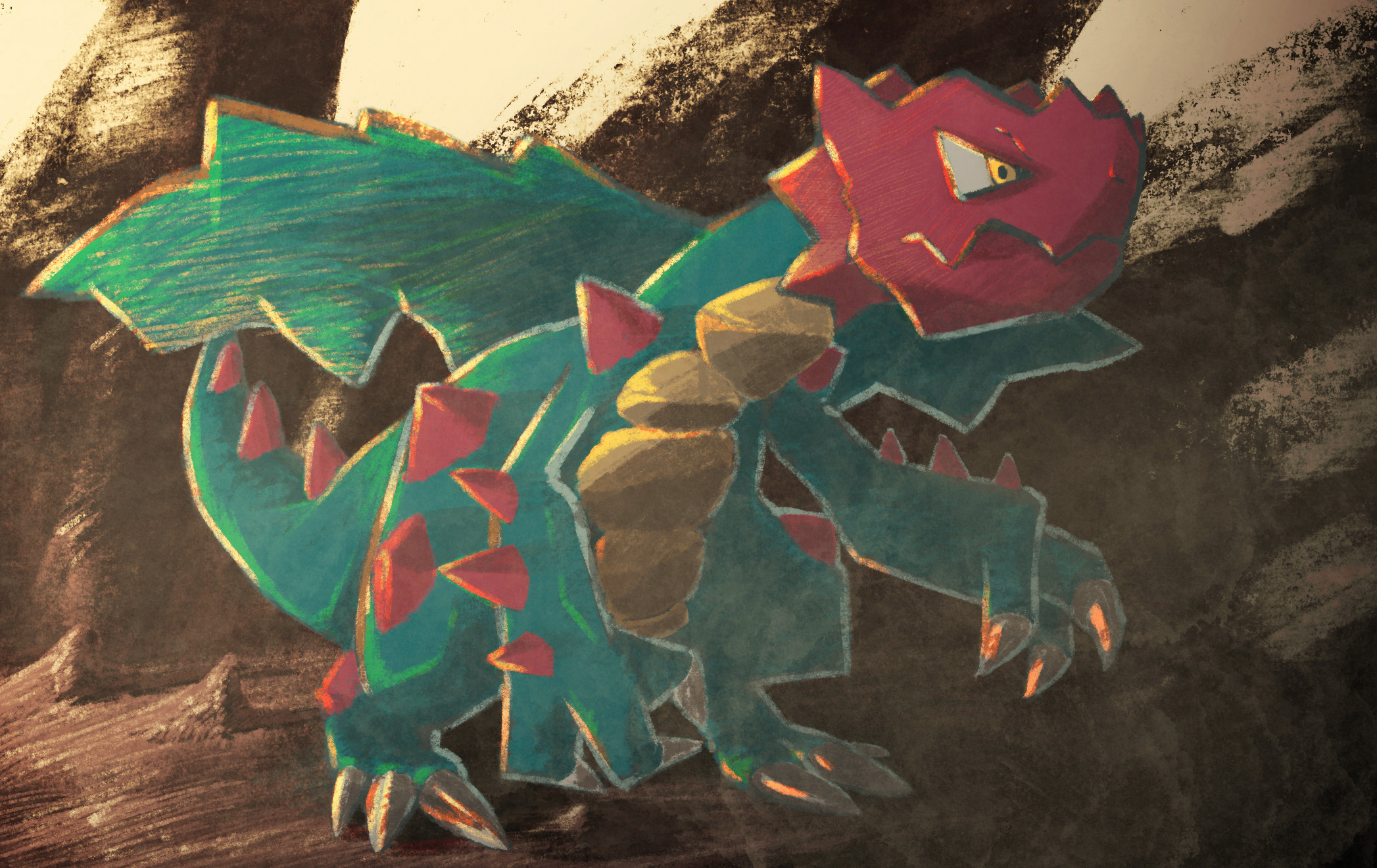 gen2 (gengorokickmast), druddigon, nintendo, pokemon, commentary, english commentary, highres, cave interior, claws, closed mouth, dragon, dragon wings, full body, gen 5 pokemon, no humans, pokemon (creature), pokemon focus, solo, spikes, v-shaped eyes, wings, yellow eyes
