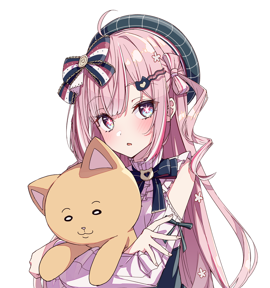 shiro youduki, character request, commentary request, copyright request, 1girl, bare shoulders, beret, black bow, black corset, black hat, blunt bangs, blush, bow, bright pupils, cat hair ornament, corset, eyelashes, hair bow, hair ornament, hairclip, hat, holding, holding stuffed toy, long hair, long sleeves, looking at viewer, multicolored bow, open mouth, parted lips, pink eyes, pink hair, pink shirt, pinstripe pattern, pinstripe shirt, red bow, shirt, sidelocks, simple background, solo, star-shaped pupils, star (symbol), stuffed toy, symbol-shaped pupils, white background, white bow, white pupils