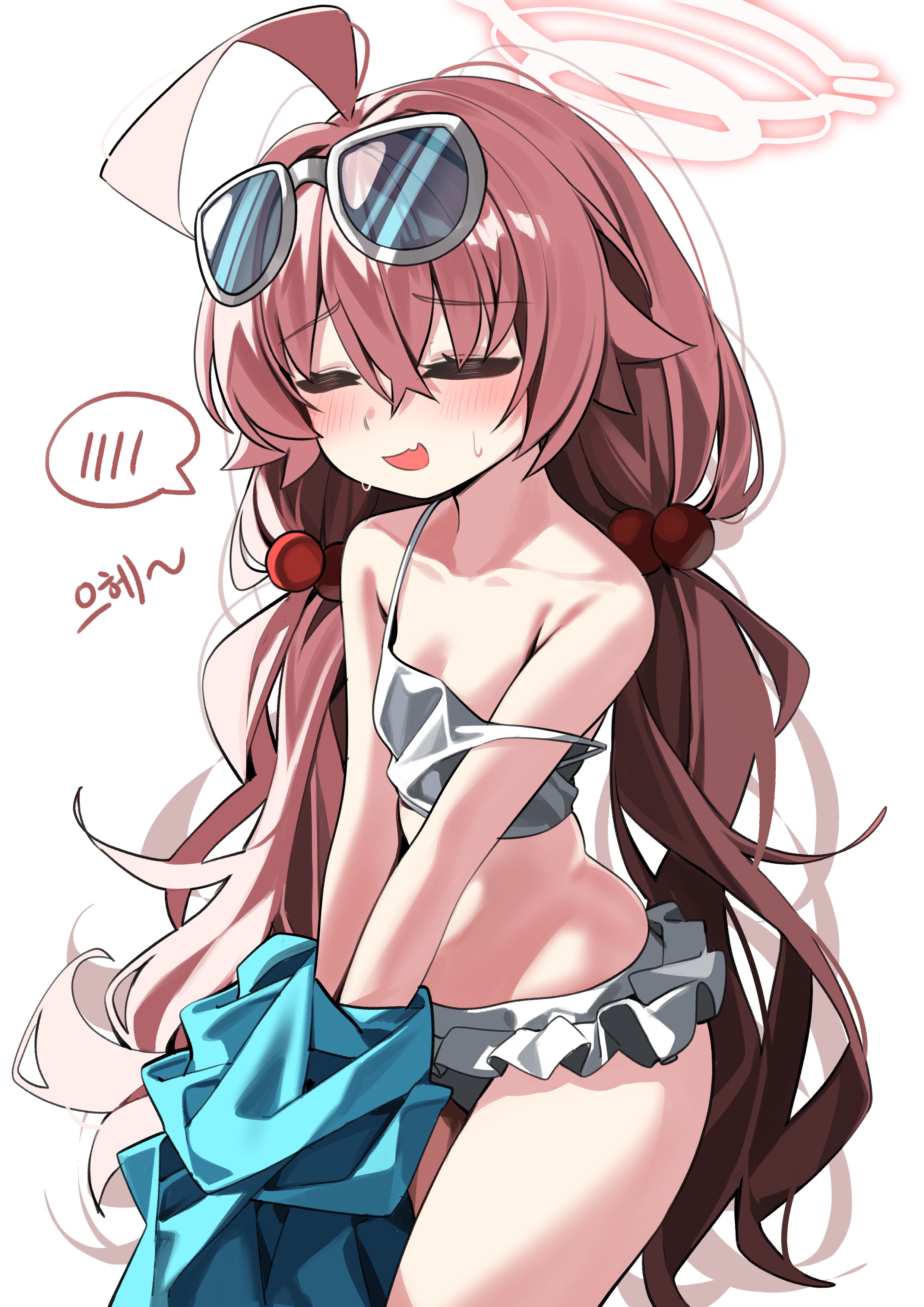 rirua (kjom802), hoshino (blue archive), blue archive, absurdres, highres, 1girl, bare arms, bare shoulders, bikini, blush, breasts, cleavage, closed eyes, collarbone, crossed bangs, goggles, goggles on head, hair between eyes, halo, long hair, open mouth, simple background, small breasts, solo, strap slip, swimsuit, thighs, undressing, very long hair, white background, white bikini