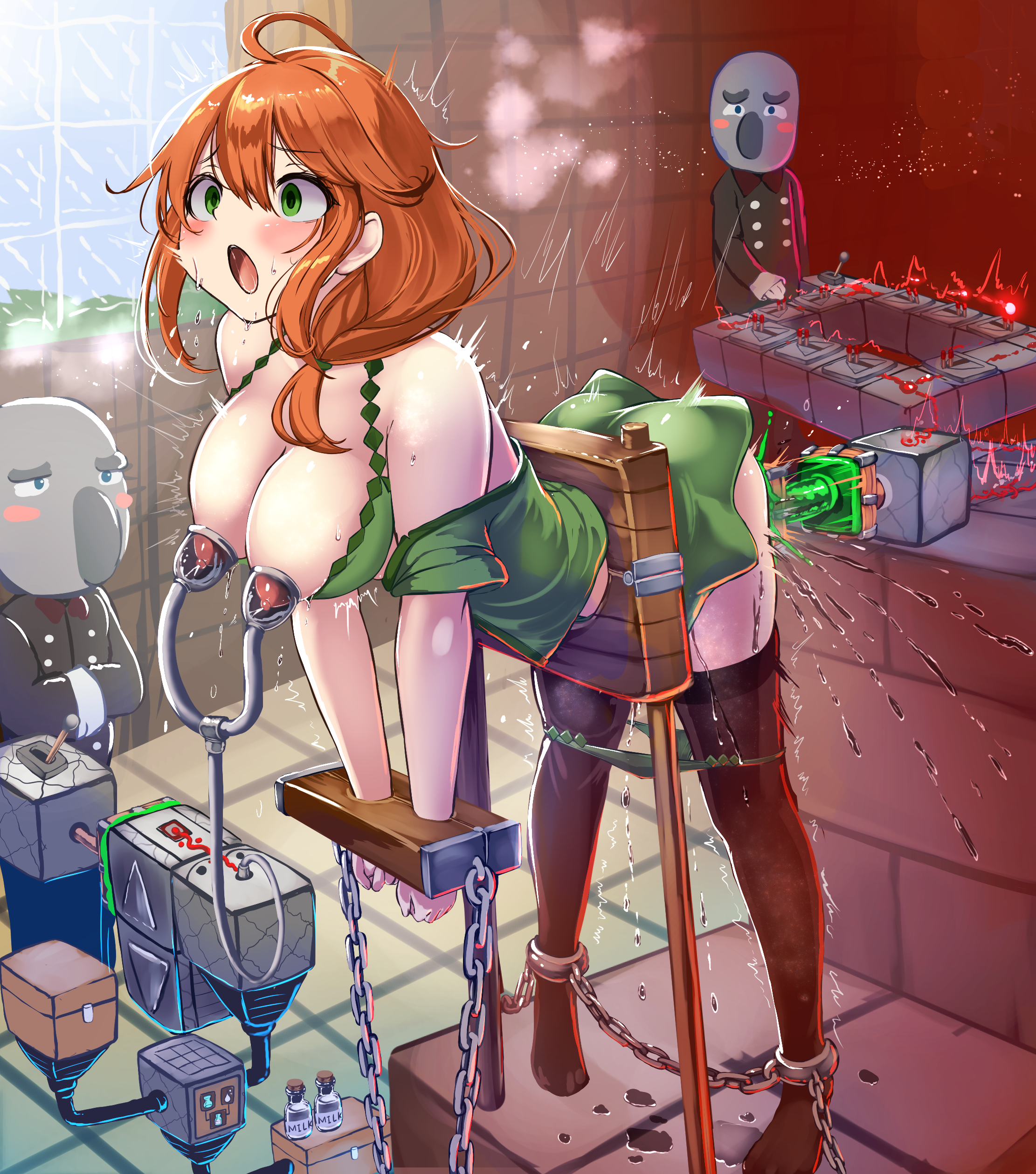 monikano, alex (minecraft), minecraft, absurdres, highres, 1girl, 2boys, ahoge, bare shoulders, black thighhighs, blazer, block (minecraft), breasts, breasts out, chain, cleavage, dildo, green eyes, green shirt, green skirt, jacket, large breasts, long hair, milking machine, multiple boys, open mouth, orange hair, pillager (minecraft), pillory, pussy juice, redstone dust, restrained, sex toy, shirt, skirt, stationary restraints, teeth, thighhighs, upper teeth only, window