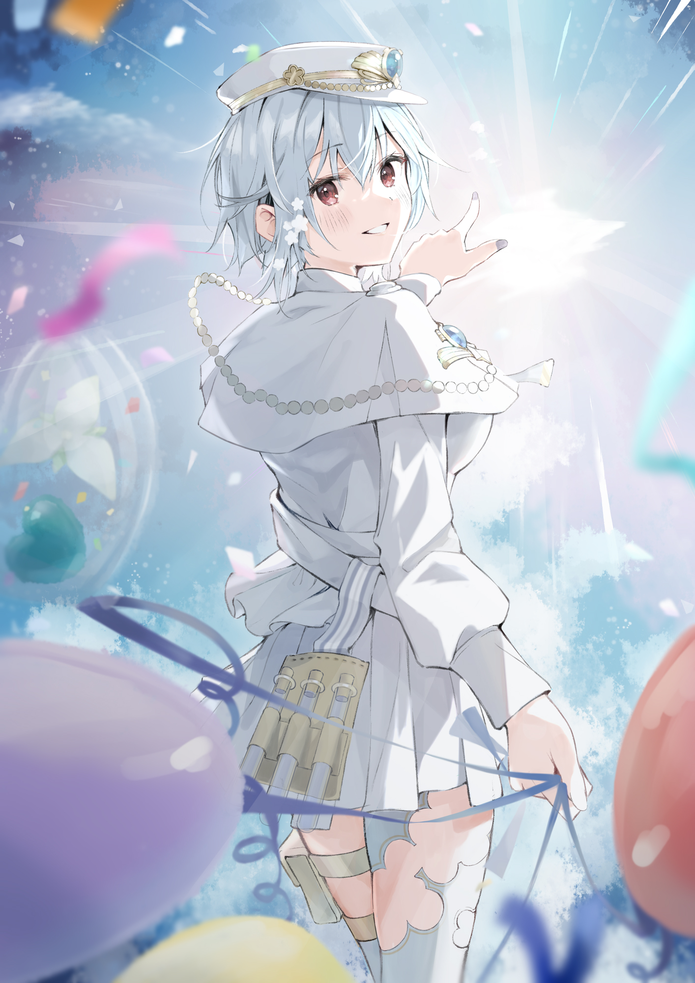 kotorime (kmizuq1), hakase fuyuki, hakase fuyuki (8th costume), nijisanji, highres, 1girl, balloon, blue gemstone, breasts, capelet, dress, flower, gem, grey hair, grey nails, hair flower, hair ornament, hat, holding, holding balloon, large breasts, long sleeves, medium hair, outstretched arm, parted lips, pointing, red eyes, shirt, skirt, smile, solo, teeth, test tube, test tube rack, thighhighs, twisted torso, virtual youtuber, white capelet, white dress, white shirt, white thighhighs