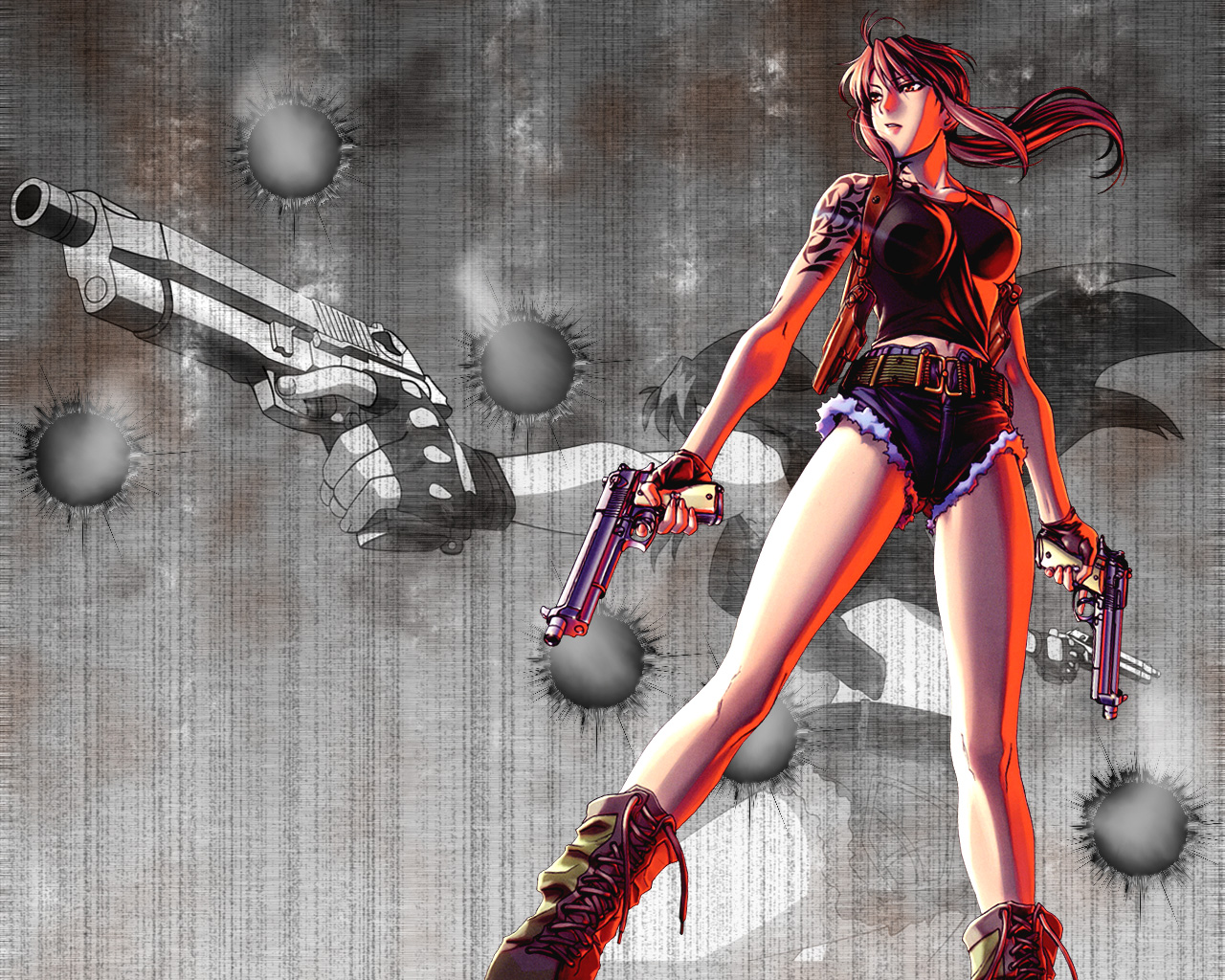 hiroe rei, revy (black lagoon), black lagoon, 00s, 1girl, belt, beretta 92, boots, denim, denim shorts, dual wielding, female focus, fingerless gloves, gloves, gun, handgun, hands on own hips, holding, holster, legs, pistol, ponytail, semi-automatic pistol, short shorts, shorts, solo, tattoo, weapon