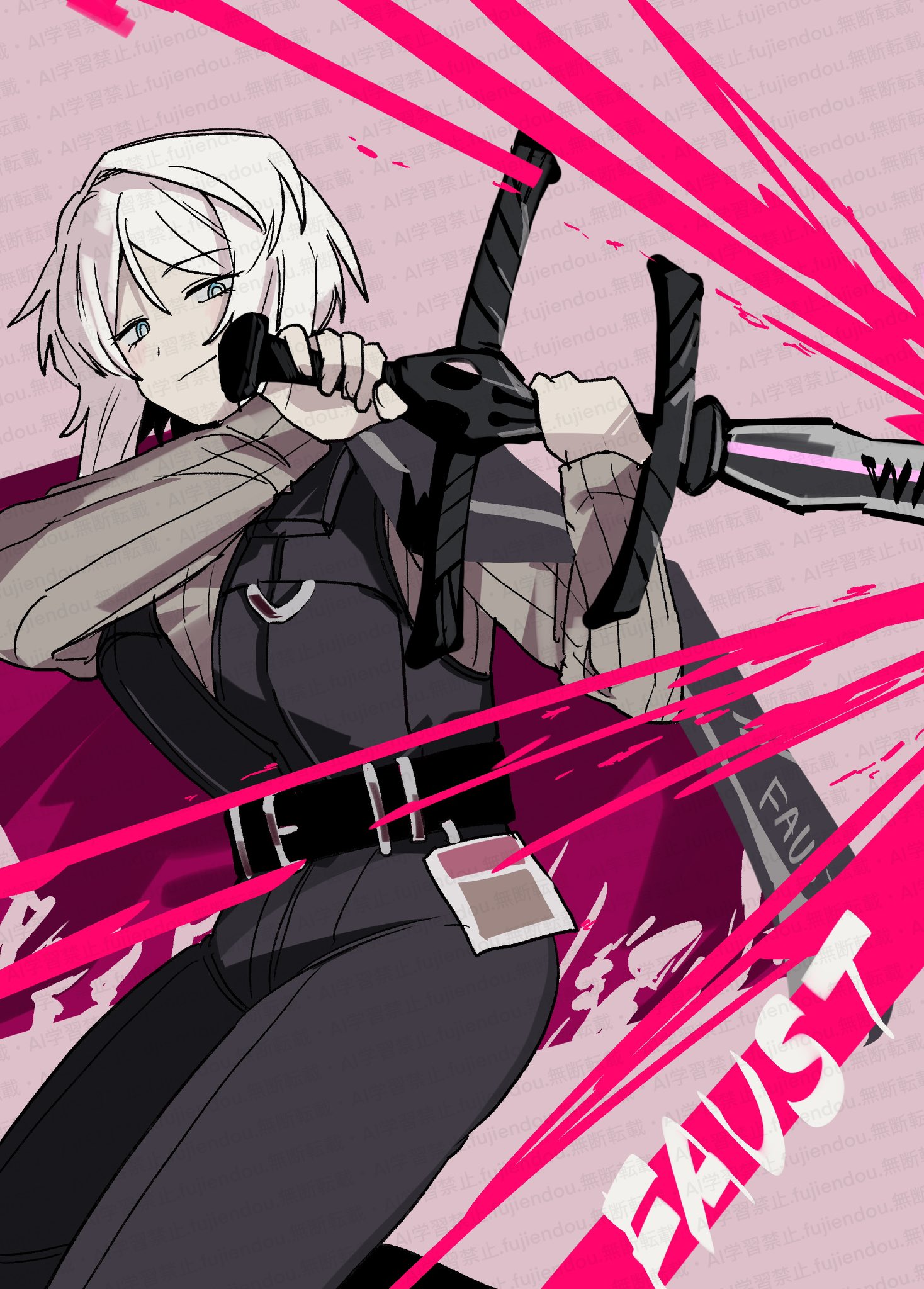 fujiendou, faust (project moon), limbus company, project moon, highres, 1girl, black coat, black pants, blue eyes, breasts, character name, closed mouth, coat, coat on shoulders, grey sweater, holding, holding sword, holding weapon, long sleeves, looking at viewer, pants, pink background, short hair, simple background, solo, standing, sweater, sweater vest, sword, upper body, weapon, white hair