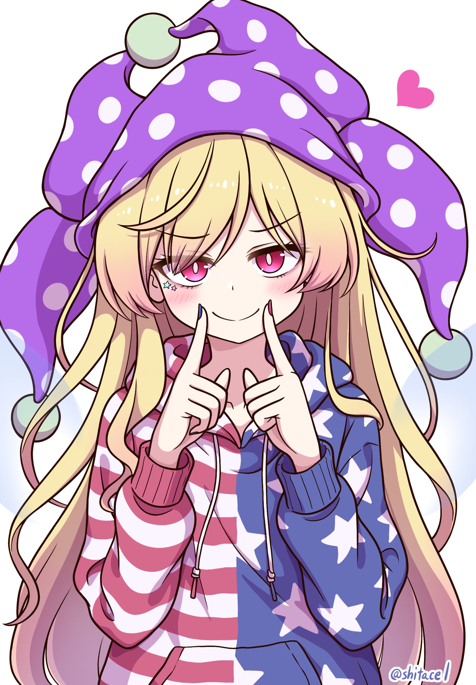 shitacemayo, clownpiece, touhou, commentary request, highres, 1girl, adapted costume, american flag, american flag print, blonde hair, blue nails, blush, closed mouth, fairy, fairy wings, flag print, hat, heart, hood, hoodie, jester cap, long hair, looking at viewer, pink eyes, polka dot, polka dot headwear, print hood, purple hat, red nails, simple background, smile, solo, star (symbol), star print, striped clothes, striped hoodie, twitter username, very long hair, white background, wings