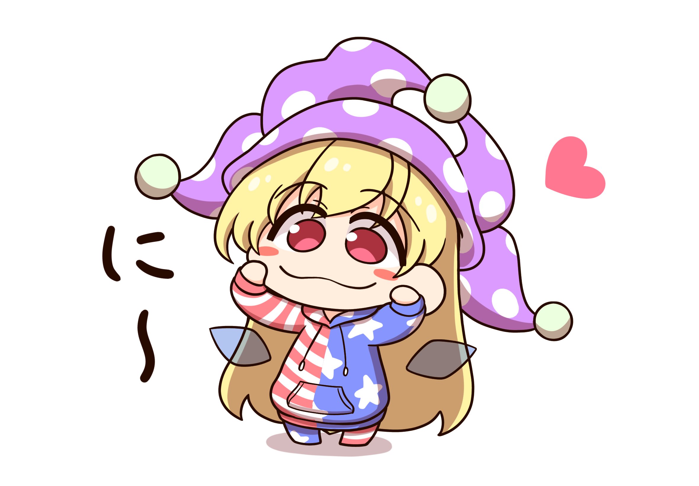shitacemayo, clownpiece, touhou, commentary request, highres, translation request, 1girl, adapted costume, american flag, american flag print, blonde hair, blush stickers, chibi, chibi only, closed mouth, fairy, fairy wings, flag print, full body, hat, heart, hood, hoodie, jester cap, long hair, looking at viewer, pink eyes, polka dot, polka dot headwear, print hood, purple hat, simple background, smile, solo, star (symbol), star print, striped clothes, striped hoodie, very long hair, white background, wings