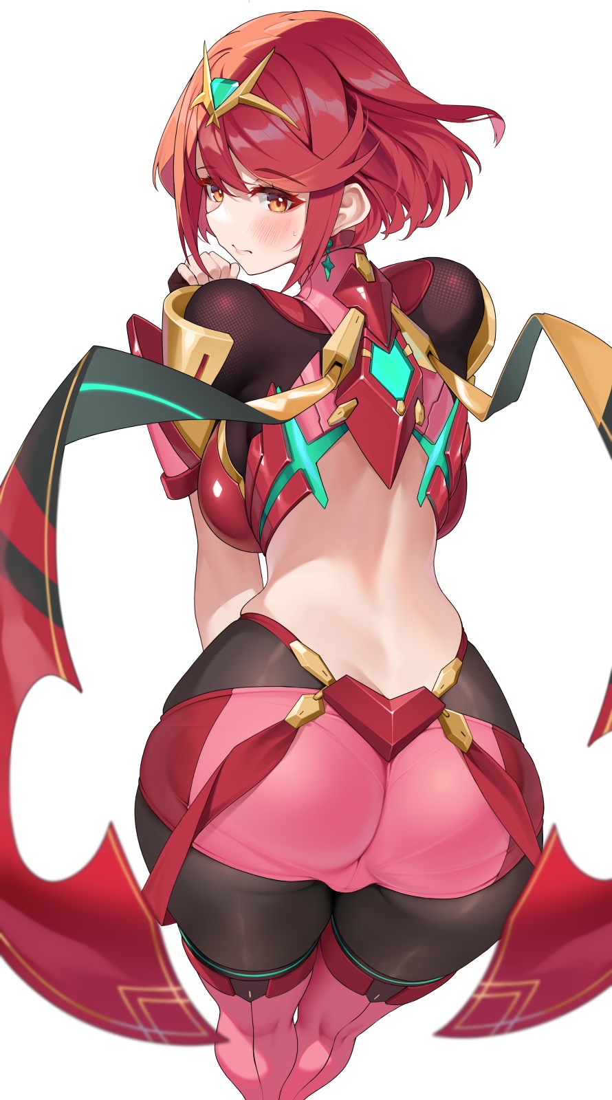 matrix16, pyra (xenoblade), xenoblade chronicles (series), xenoblade chronicles 2, highres, paid reward available, 1girl, armor, ass, back, backless outfit, bent over, blush, bob cut, breasts, core crystal (xenoblade), crop top, from behind, gem, green gemstone, impossible clothes, large breasts, looking at viewer, looking back, open mouth, pink shorts, pink thighhighs, red eyes, red hair, short hair, short shorts, short sleeves, shorts, shoulder armor, simple background, solo, suspenders, thighhighs, thighs, tiara, white background