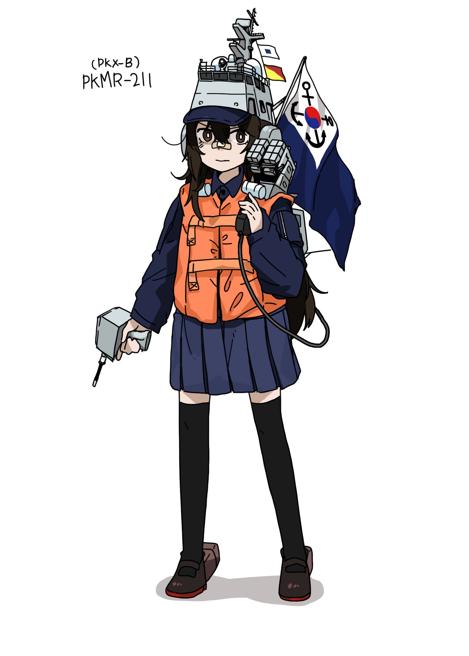 anyan (jooho), original, 1girl, bandaid, bandaid on face, bandaid on nose, black thighhighs, blue shirt, blue skirt, brown eyes, brown hair, brown shoes, collared shirt, gun, hair between eyes, holding, holding gun, holding weapon, life vest, long hair, mecha musume, messy hair, missile launcher, orange vest, personification, radar, republic of korea navy, ship, ship turret, shirt, shoes, sidelocks, skirt, south korea, south korean flag, standing, thighhighs, vest, watercraft, weapon, white background, zettai ryouiki