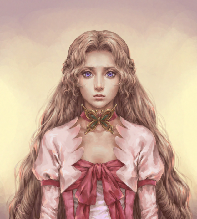 nanar, nunnally vi britannia, code geass, 00s, 1girl, braid, brown hair, bug, butterfly, curly hair, dress, female focus, insect, jewelry, long hair, looking at viewer, necklace, portrait, purple eyes, realistic, solo, upper body