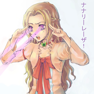 nunnally vi britannia, code geass, lowres, translated, braid, brown hair, dress, eye beam, glowing, glowing eyes, jewelry, laser, long hair, necklace, parody, solo
