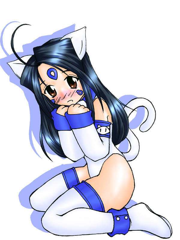 bach, kamiya ogawa, skuld (aa megami-sama), aa megami-sama, 1girl, animal ears, black hair, blush, boots, brown eyes, cat ears, cat tail, detached sleeves, facial mark, female focus, forehead mark, leotard, solo, tail, thighhighs