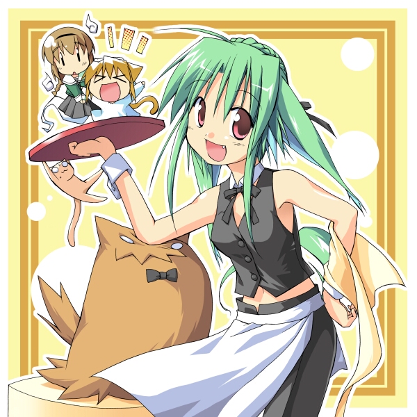 toto nemigi, kiwi (toto nemigi), original, 3girls, apron, braid, green hair, long hair, multiple girls, open mouth, red eyes, tray, waist apron, waitress, wrist cuffs