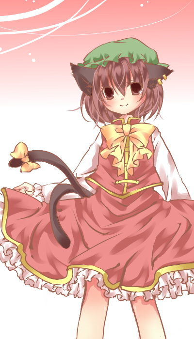 tayashigu (suisyounohosizora), chen, touhou, bad id, bad pixiv id, 1girl, animal ears, brown eyes, brown hair, cat ears, cat girl, cat tail, earrings, female focus, gradient background, hat, jewelry, multiple tails, ribbon, short hair, smile, solo, tail, tail ornament, tail ribbon