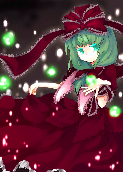 fumi (xxthink), fumiko (pixiv 110003), kagiyama hina, touhou, bad id, bad pixiv id, 1girl, female focus, front ponytail, green hair, long hair, ribbon, solo