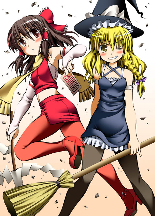 nonodera minku, nonoderawanaku, hakurei reimu, kirisame marisa, touhou, bad id, bad pixiv id, 2girls, blonde hair, broom, female focus, hat, legs, multiple girls, pantyhose, ribbon