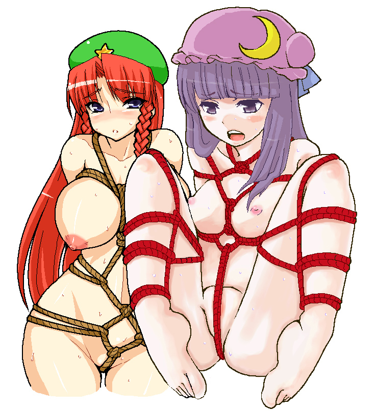 suic@ (artist), suica (artist), suica (nyomenyome), hong meiling, patchouli knowledge, embodiment of scarlet devil, touhou, bad id, bad pixiv id, 2girls, barefoot, bdsm, bondage, bound, breasts, crotch rope, feet, female focus, large breasts, long hair, multiple girls, nipples, nude, oekaki, purple hair, red hair, rope, shibari, sweat