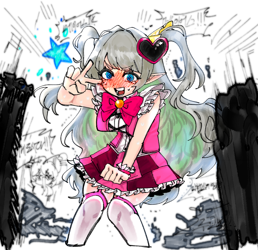 don quixote (project moon), queen of hatred, arknights, limbus company, project moon, 2girls, blue eyes, blush, e.g.o (project moon), in the name of love and hate (e.g.o), mayors (arknights), multiple girls, pointy ears, udiedguy, white background, white hair