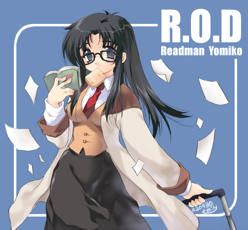 emily (pure dream), yomiko readman, read or die, shueisha, lowres, 00s, 1girl, book, bread, bread slice, female focus, flying paper, food, food in mouth, glasses, mouth hold, necktie, open book, paper, reading, red necktie, solo, toast, toast in mouth