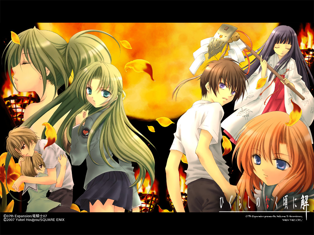 houjou yutori, furude rika, houjou satoko, houjou satoshi, maebara keiichi, ryuuguu rena, sonozaki mion, sonozaki shion, higurashi no naku koro ni, non-web source, 00s, 2007, 2boys, 5girls, blonde hair, copyright name, fire, half updo, japanese clothes, miko, moon, multiple boys, multiple girls, red moon, siblings, sisters, twins