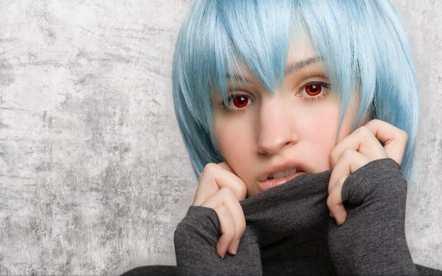 photo (medium), blue hair, cosplay, red eyes, short hair, sweater, wig
