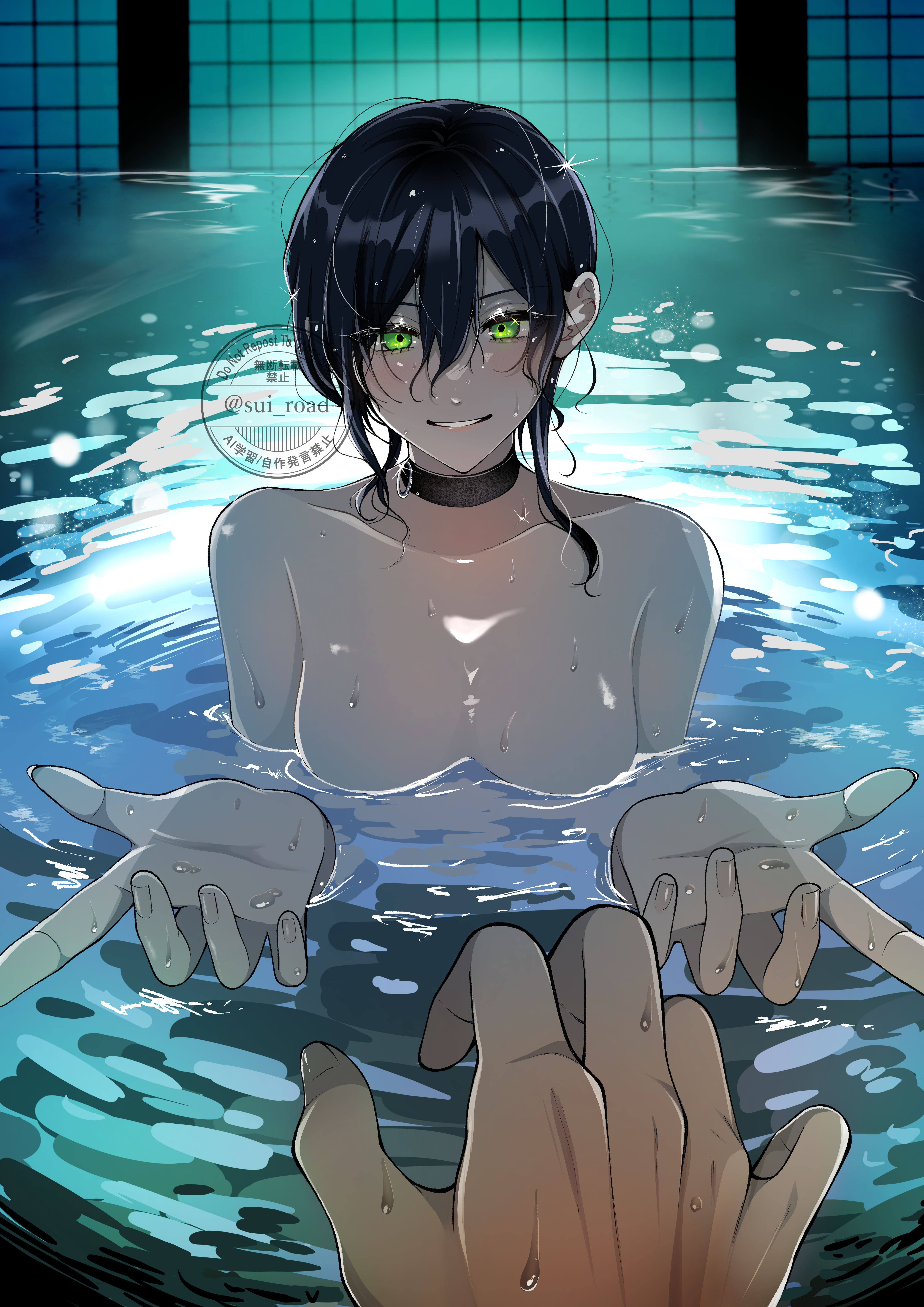 reze (chainsaw man), chainsaw man, absurdres, highres, artist logo, black choker, black hair, breasts, choker, completely nude, green eyes, grenade pin, hair between eyes, hands up, logo, looking at viewer, medium breasts, night, nude, partially submerged, pool, pov, smile, user dfvm7322(sui road), water, wet, wet hair