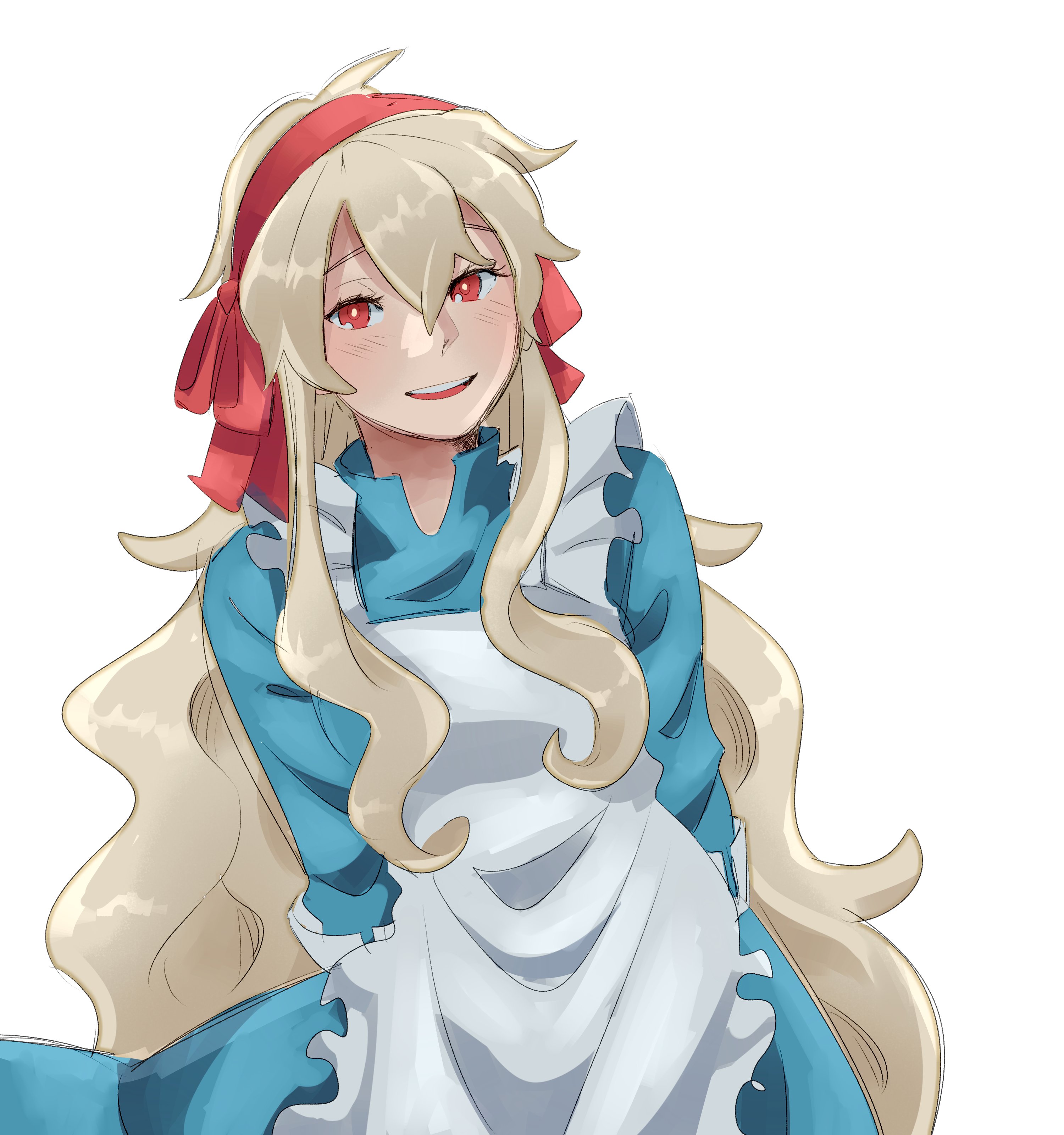 yooree, original, absurdres, commentary, english commentary, highres, 1girl, apron, arms behind back, blonde hair, blue dress, dress, hairband, long hair, open mouth, red eyes, red hairband, smile, solo, upper body, very long hair, wavy hair, white apron