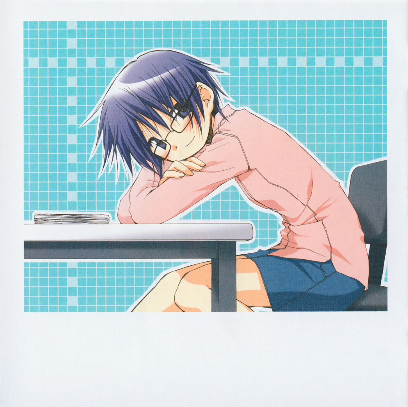aoki ume, sae (hidamari sketch), hidamari sketch, highres, non-web source, official art, scan, 00s, 1girl, blue eyes, blue hair, blush, casual, chair, female focus, glasses, matching hair/eyes, on chair, short hair, skirt, smile, solo