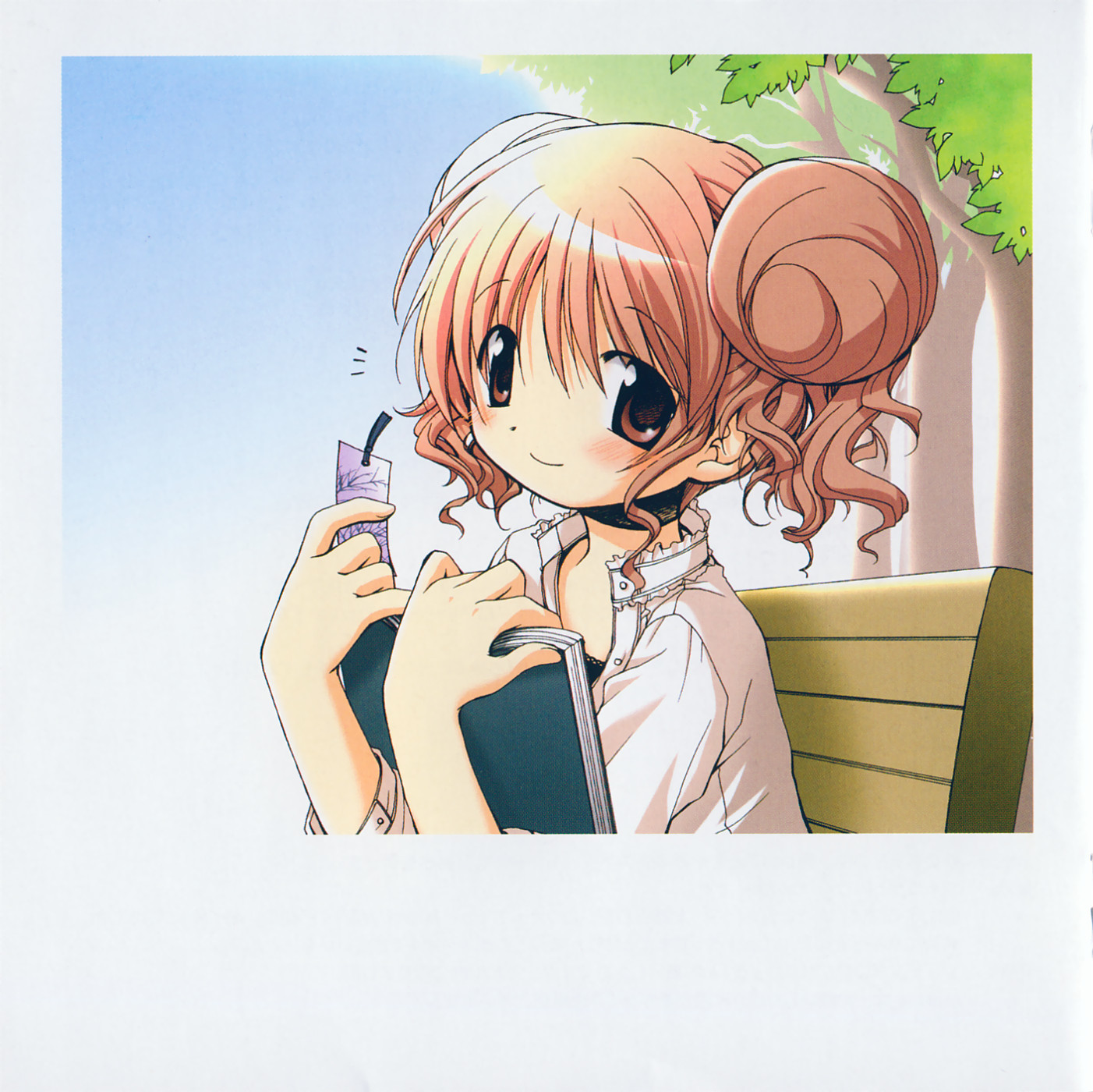 aoki ume, hiro (hidamari sketch), hidamari sketch, highres, non-web source, official art, scan, 00s, 1girl, bench, book, casual, double bun, female focus, hair bun, open book, pink hair, reading, red eyes, smile, solo, tree