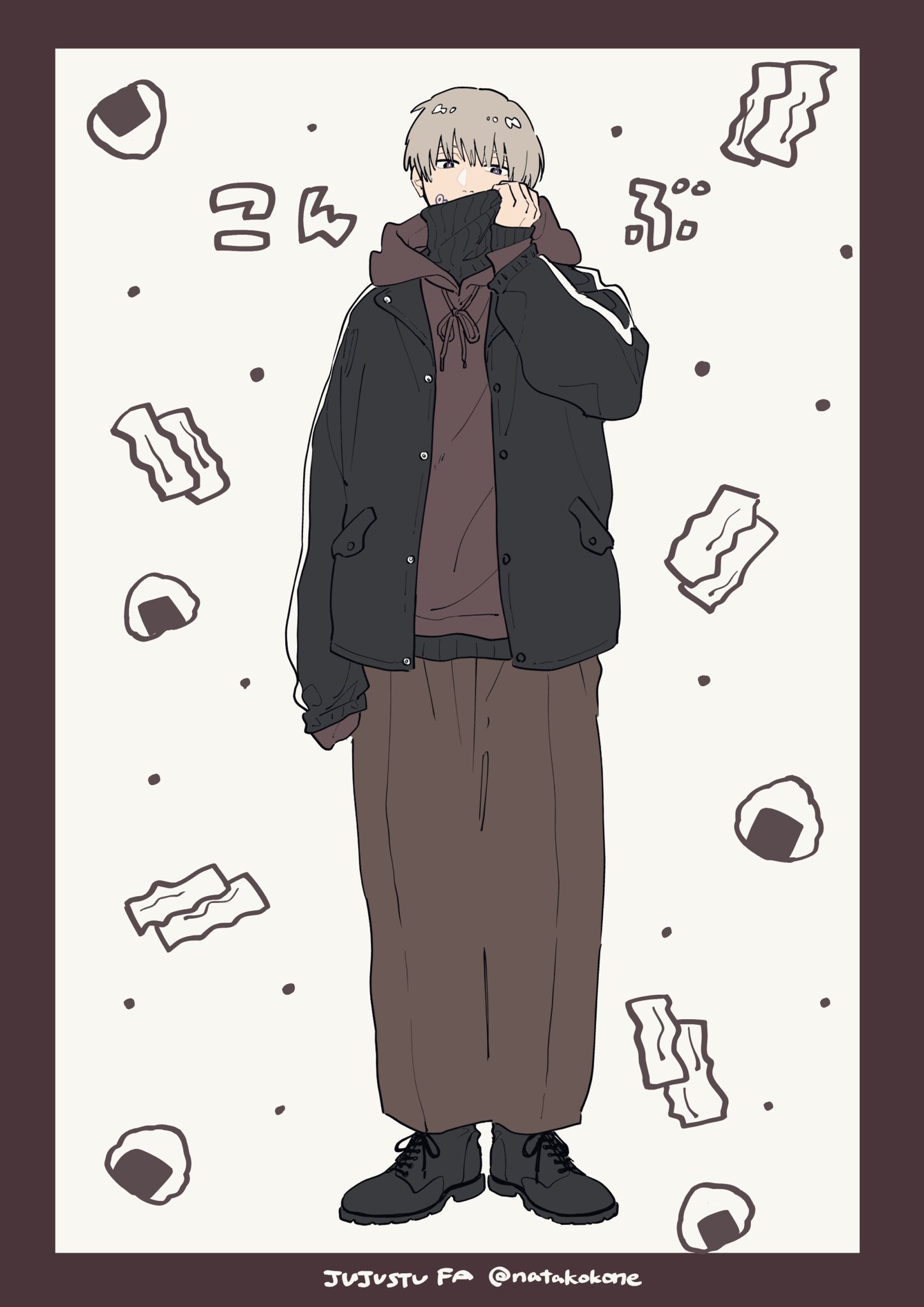 nata kokone, inumaki toge, jujutsu kaisen, commentary, highres, symbol-only commentary, translation request, 1boy, arm at side, black jacket, black pants, black shirt, black shoes, border, bright pupils, brown hoodie, copyright name, covered mouth, drawstring, facial tattoo, food, full body, grey eyes, grey hair, hand up, hood, hood down, hoodie, jacket, long sleeves, looking at viewer, male focus, onigiri, open clothes, open jacket, pants, shirt, shoelaces, shoes, solo, standing, sweater, tattoo, tied drawstring, turtleneck, turtleneck sweater, twitter username, white pupils