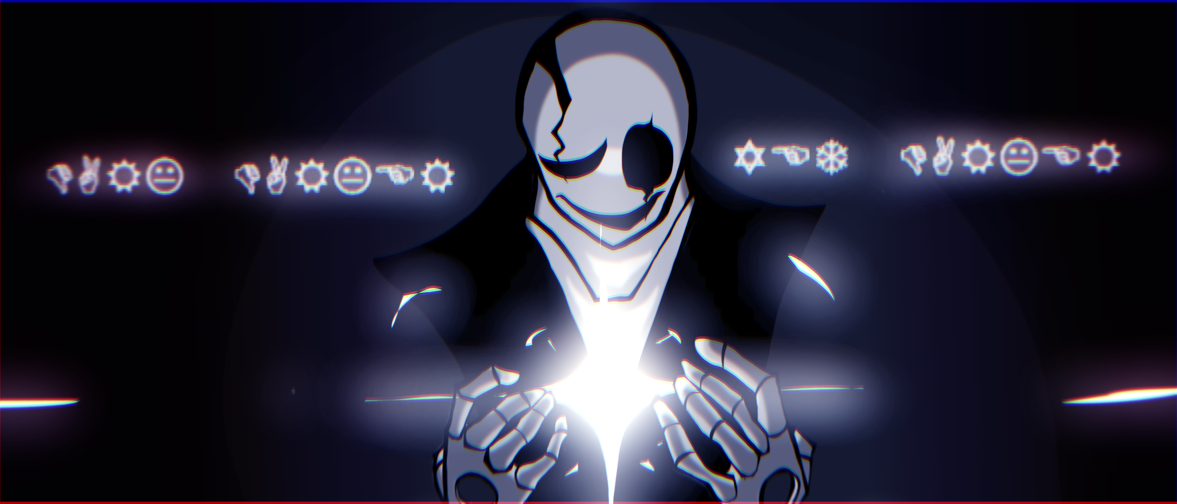 cross (artist), w.d. gaster, undertale, utdr (toby fox), absurdres, commentary, english commentary, highres, translated, 1boy, bald, black eyes, black jacket, crack, cracked skull, energy, glowing, half-closed eye, hole in hand, jacket, no pupils, open mouth, shirt, skeleton, skull, smile, solo, upper body, white shirt, wingdings