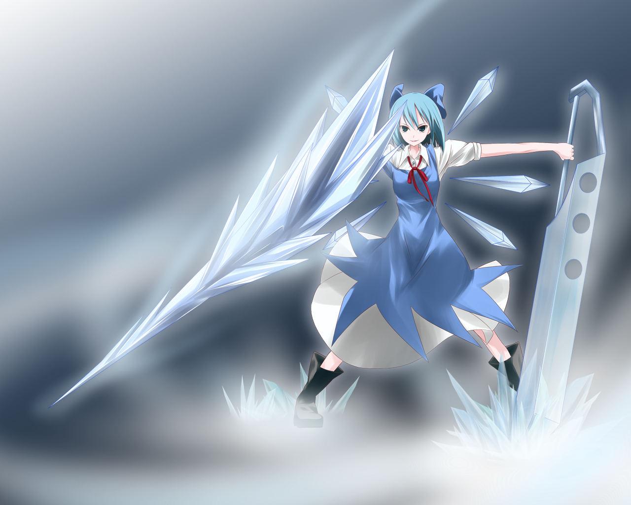 heripu, heripuu, cirno, touhou, bad id, bad pixiv id, 1girl, blue hair, crystal sword, female focus, grey background, ice, ribbon, short hair, solo, sword, weapon