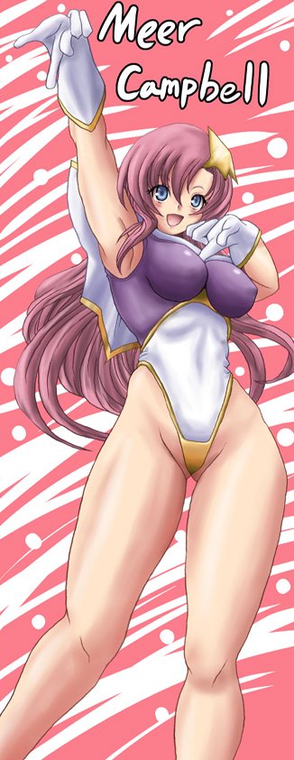 kihaiu, meer campbell, gundam, gundam seed, gundam seed destiny, 00s, 1girl, armpits, blue eyes, blush, female focus, gloves, hair ornament, happy, highleg, highleg leotard, leotard, long hair, open mouth, pink hair, smile, solo, standing, star (symbol), star hair ornament