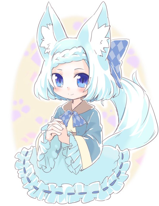 yusa yuyu, emil chronicle online, 1girl, animal ears, belt, blue eyes, blue hair, blue jacket, blue ribbon, blue skirt, braid, brown belt, brown capelet, capelet, checkered ribbon, frilled skirt, frills, hair ribbon, jacket, looking at viewer, neck ribbon, own hands clasped, own hands together, ribbon, shirt, skirt, smile, solo, tail, white shirt, whitefang alma, wolf ears, wolf girl, wolf tail