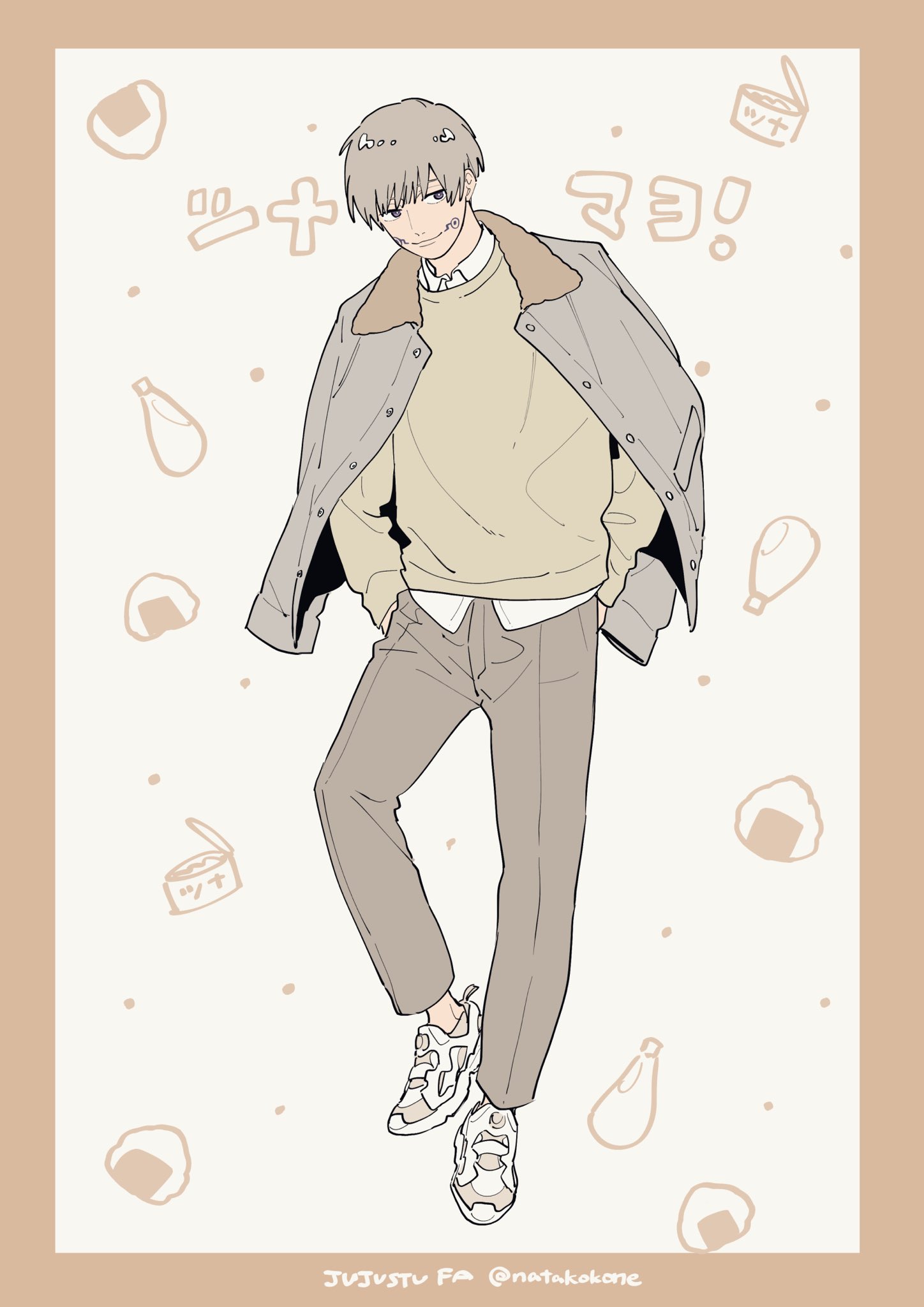 nata kokone, inumaki toge, jujutsu kaisen, commentary, highres, symbol-only commentary, translation request, 1boy, border, bright pupils, closed mouth, collared jacket, collared shirt, copyright name, facial tattoo, food, full body, grey hair, jacket, jacket on shoulders, long sleeves, male focus, onigiri, open clothes, open jacket, orange border, shirt, short hair, solo, standing, standing on one leg, sweater, tattoo, twitter username, white pupils, yellow sweater