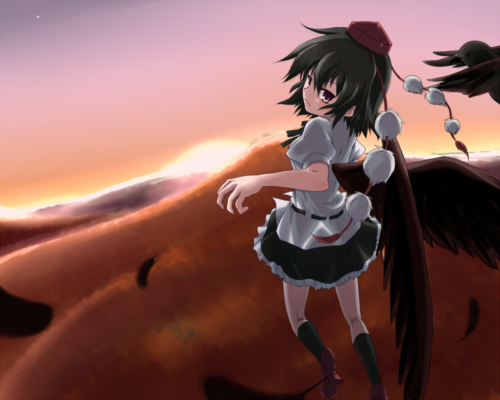 amagase lyle, rairu, shameimaru aya, touhou, 1girl, bird, black hair, black wings, crow, female focus, flying, geta, hat, looking at viewer, short hair, skirt, solo, tengu-geta, wings