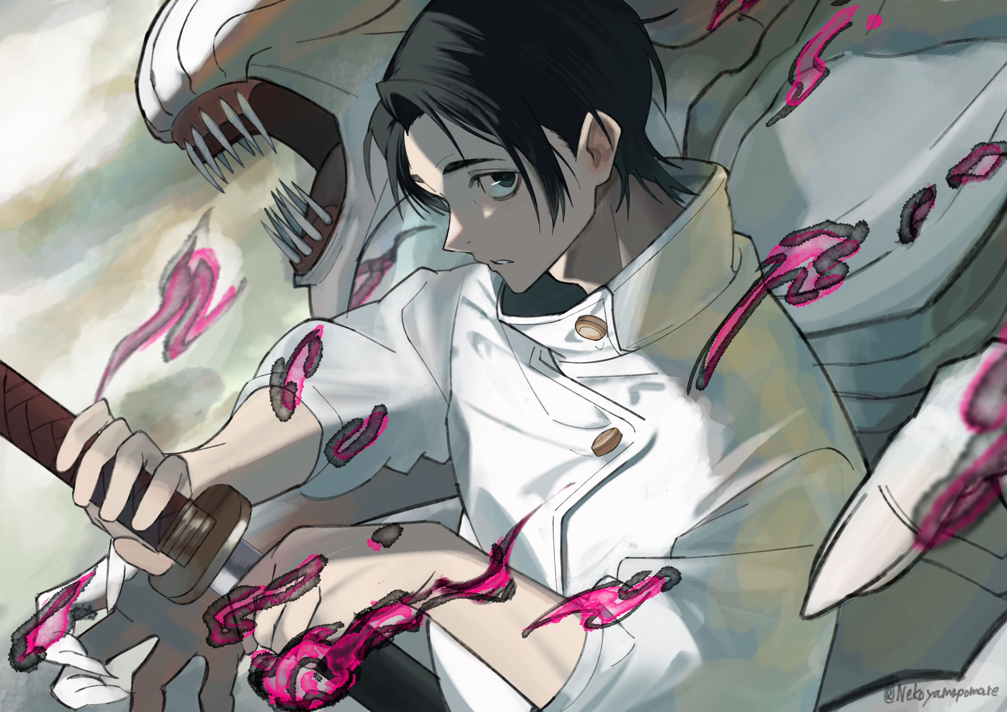 hareruya (smomo2227), okkotsu yuuta, orimoto rika, jujutsu kaisen, absurdres, commentary, highres, 1boy, black hair, cursed energy (jujutsu kaisen), cursed spirit (jujutsu kaisen), holding, holding sword, holding weapon, sheath, short hair, sword, twitter username, unsheathing, weapon