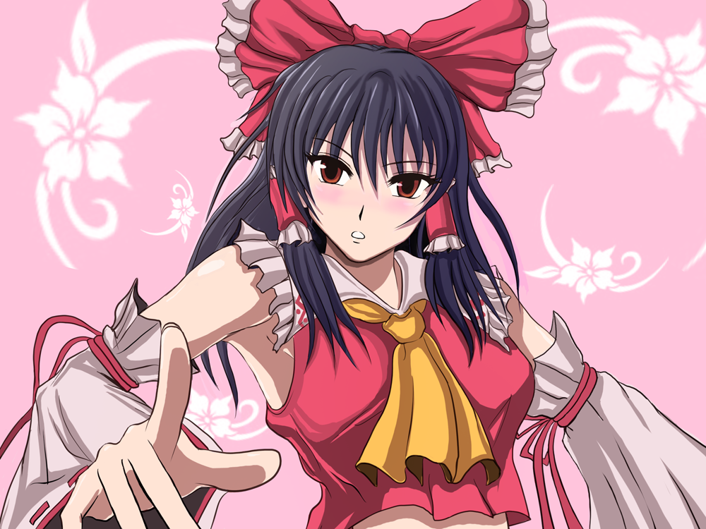bccp, hakurei reimu, touhou, 1girl, black hair, blush, breasts, brown eyes, female focus, japanese clothes, miko, ribbon, solo, upper body