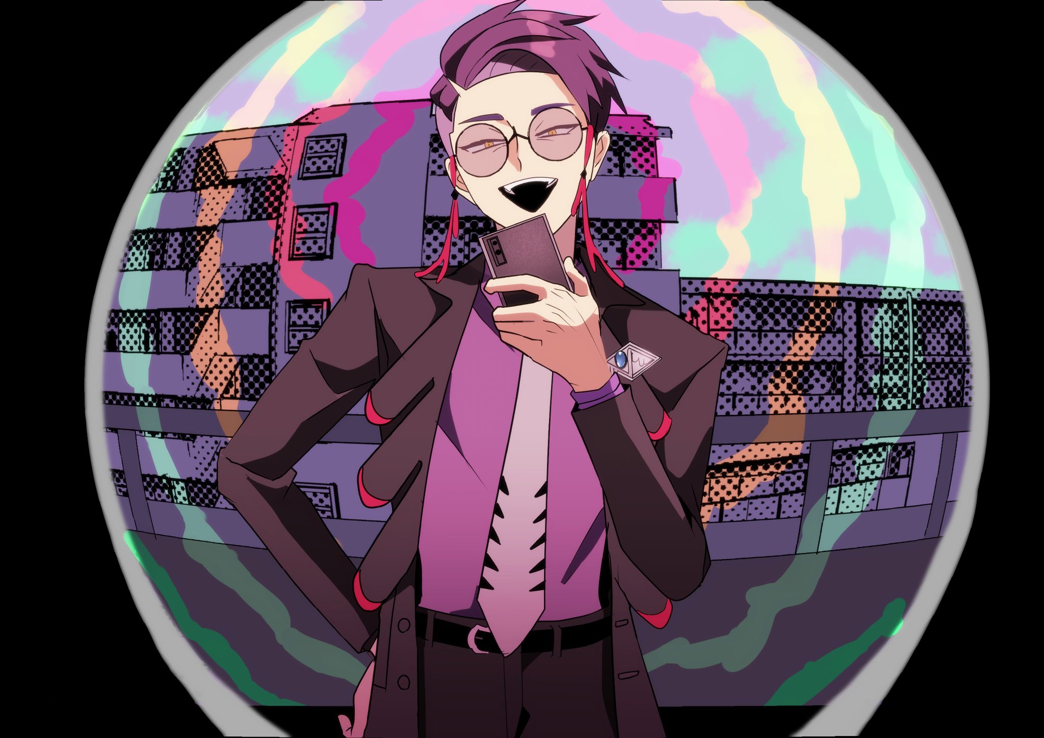 akisame kanon, corbeau (pokemon), monitoring (vocaloid), nintendo, pokemon, pokemon legends: z-a, highres, 1boy, belt, black belt, black coat, black pants, building, coat, eyes visible through eyewear, eyewear strap, glasses, hand on own hip, hand up, holding, holding phone, male focus, open clothes, open coat, pants, phone, pov peephole, purple hair, purple shirt, round eyewear, shirt, shirt tucked in, short hair, smile, solo, teeth, upper teeth only, yellow eyes