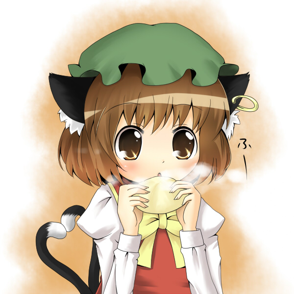 aiba kou, chen, touhou, 1girl, animal ears, brown eyes, brown hair, cat ears, cat girl, cat tail, earrings, eating, female focus, food, gradient background, hat, heart, heart tail, jewelry, ribbon, short hair, solo, steamed bun, tail