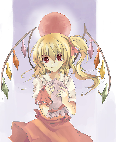 shiki mizuki, flandre scarlet, touhou, bad id, bad pixiv id, 1girl, blonde hair, blouse, cowboy shot, crystal, female focus, hair between eyes, hat, holding, holding unworn clothes, holding unworn hat, mob cap, ponytail, purple background, red eyes, ribbon, shirt, sky, solo, standing, unworn hat, unworn headwear, white shirt, wings