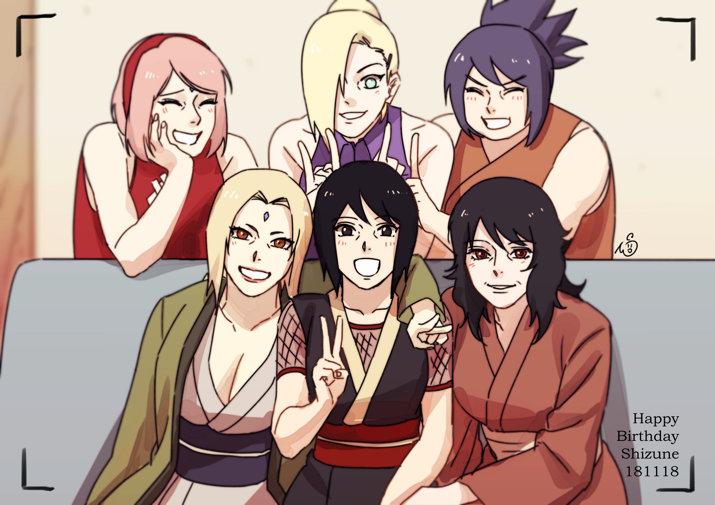 may c, haruno sakura, mitarashi anko, shizune (naruto), tsunade (naruto), yamanaka ino, yuuhi kurenai, boruto: naruto next generations, naruto (series), highres, 6+girls, black eyes, black hair, blonde hair, blue eyes, breasts, cleavage, dated, facial mark, forehead mark, hair ornament, hair over one eye, hairband, hairclip, haori, happy birthday, japanese clothes, kimono, large breasts, mature eyes, mature female, multiple girls, pink hair, plump, ponytail, red eyes, red hairband, red kimono, signature, v