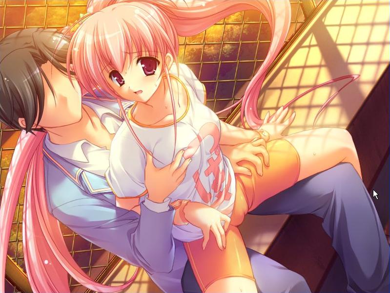 misakura nankotsu, kakedori tsubasa, bukatsu kikaku, duplicate, game cg, jpeg artifacts, 1boy, 1girl, bike shorts, breasts, cameltoe, faceless, faceless male, grabbing another's breast, groping, hetero, long hair, pink eyes, pink hair, shorts, spread legs