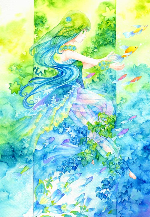 sei mutsuki, original, painting (medium), traditional media, watercolor (medium), blue hair, fish, green eyes, green hair, solo