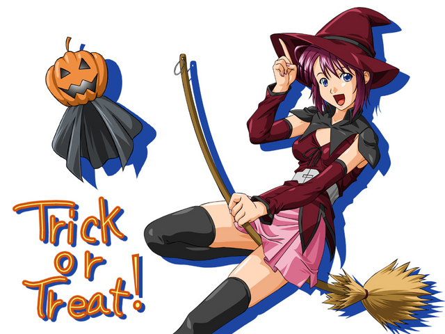 fukuoka katsumi, lunamaria hawke, gundam, gundam seed, gundam seed destiny, 00s, 1girl, blue eyes, broom, detached sleeves, female focus, halloween, hat, jack-o'-lantern, pink hair, pumpkin, short hair, skirt, solo, thighhighs, trick or treat, white background, witch, witch hat