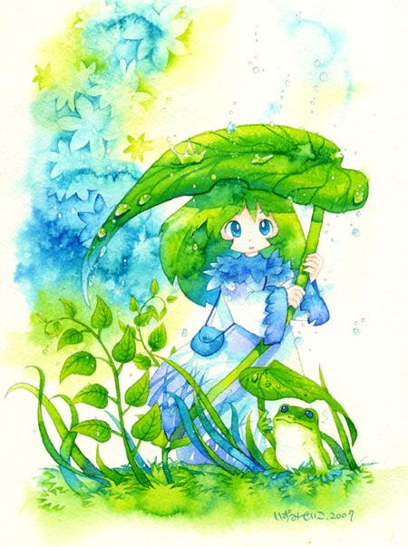 sei mutsuki, original, bad id, bad pixiv id, painting (medium), traditional media, watercolor (medium), blue eyes, frog, green hair, rain, solo