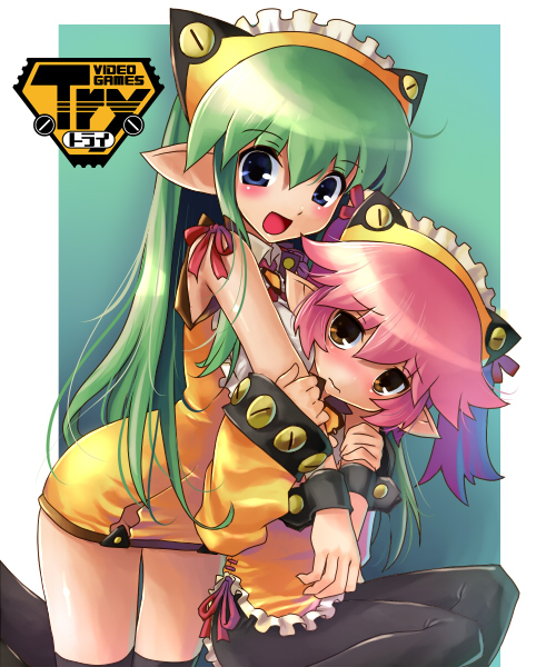 katahira masashi, original, 2girls, blue eyes, green eyes, green hair, kneeling, long hair, multiple girls, pantyhose, pink hair, pointy ears, short hair, sitting, thighhighs, wrist cuffs